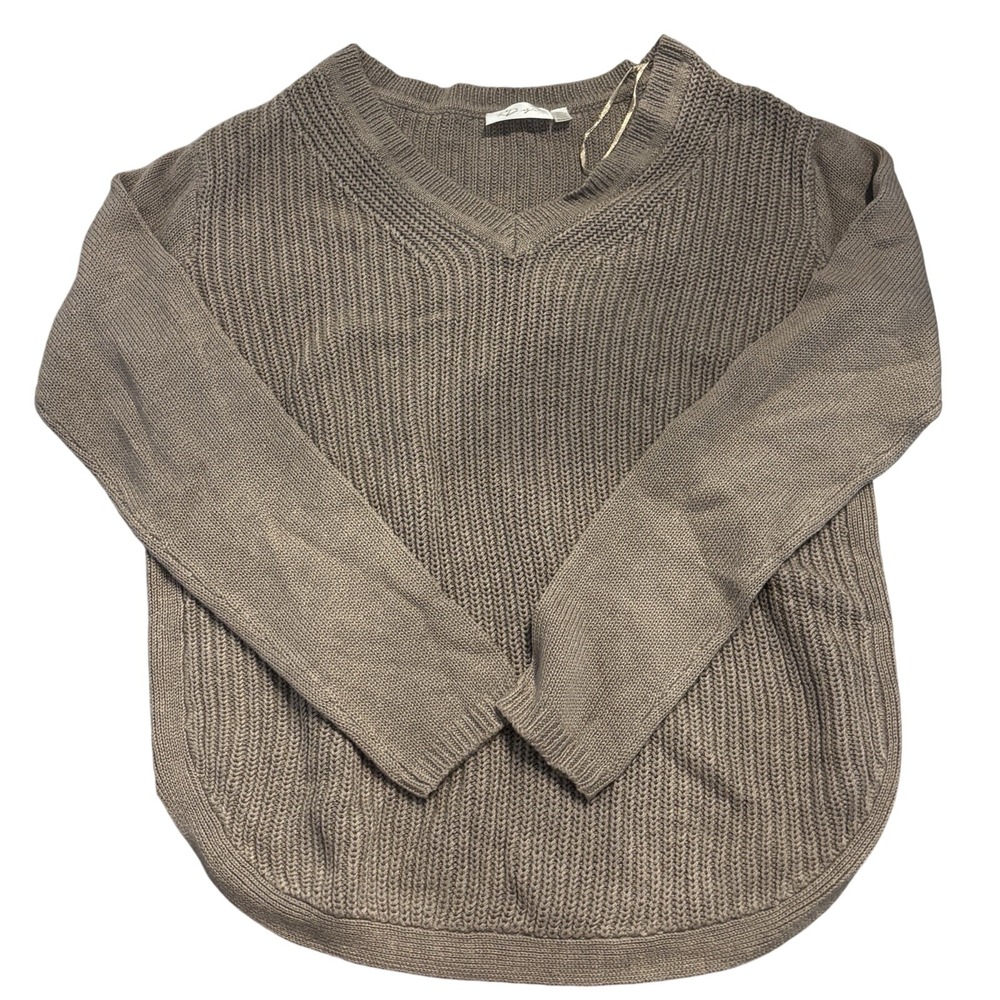 RD Style Womens V-Neck Shaker Knit Sweater Taupe Brown Curved Hem Size Medium